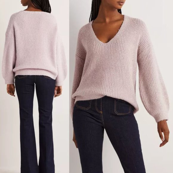 Boden Chunky Fluffy V Neck Wool Blend Sweater Metallic Sparkly Cameo Pink 16/18 - Picture 2 of 16